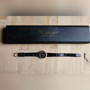 NIB, Vintage Diamond Quartz Watch, Gold-Tone Black Textured Leather Band